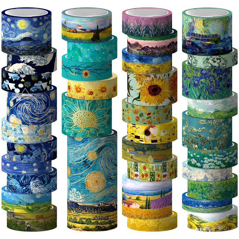 Geesinimo 36 Rolls Van Gogh Washi Tape Set with Gold Foil, 6 Sizes Art Decorative Masking Tape, Aesthetic Masterpiece Collection for Scrapbooking, Journaling, DIY Crafts & Gift Wrapping - No-Residue - Image 1