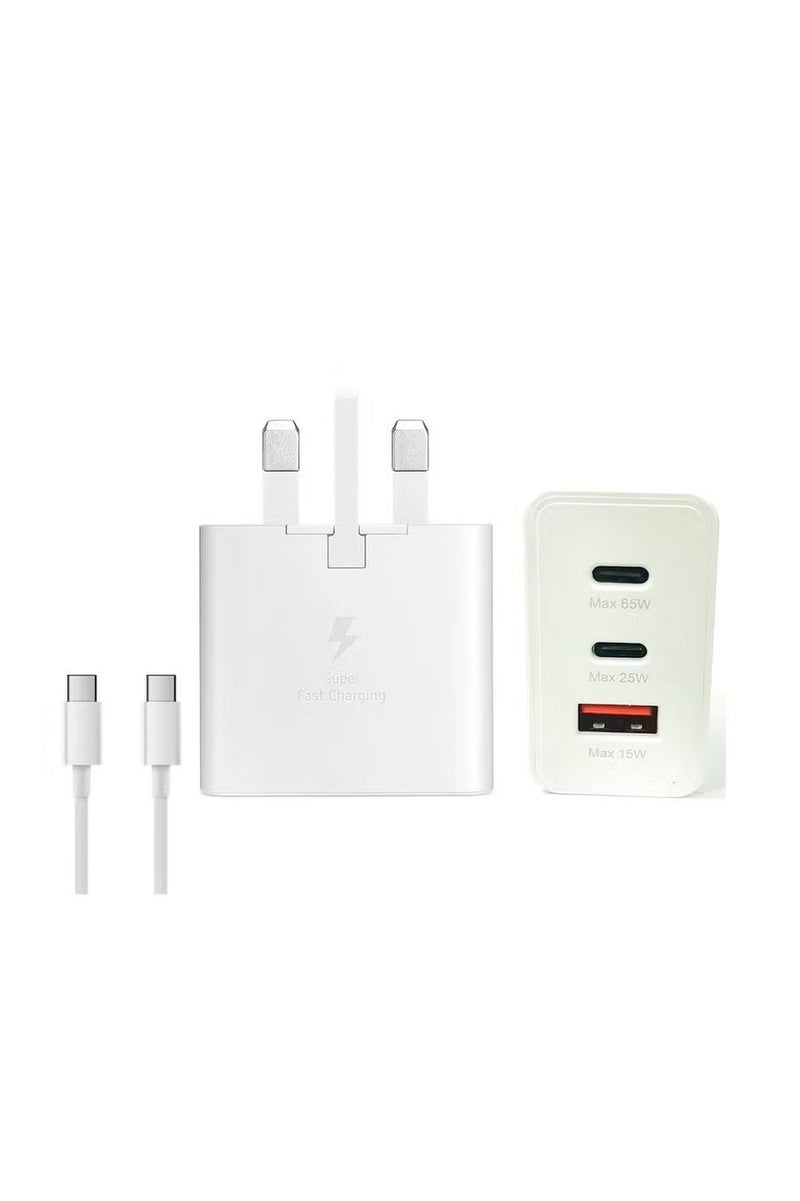 65W Samsung PD Power Adapter Trio USB C X 2 Ports USB-A Port White