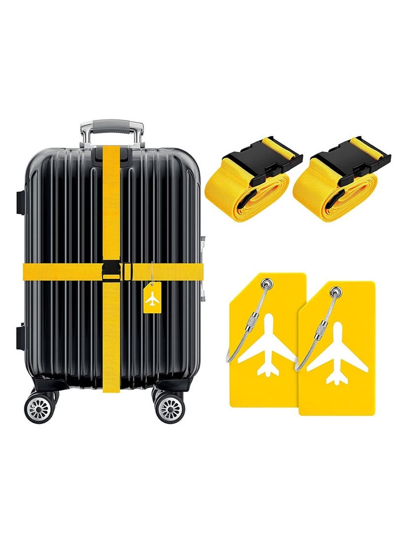 4 Piece Luggage Straps Suitcase Tags Set for TSA Approved, 2 Travel Adjustable Suitcase Belt, 2 Silicone Luggage Tags with Name ID Card Travel Accessories,Yellow - Image 1