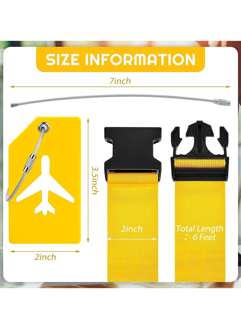 4 Piece Luggage Straps Suitcase Tags Set for TSA Approved, 2 Travel Adjustable Suitcase Belt, 2 Silicone Luggage Tags with Name ID Card Travel Accessories,Yellow - Image 2