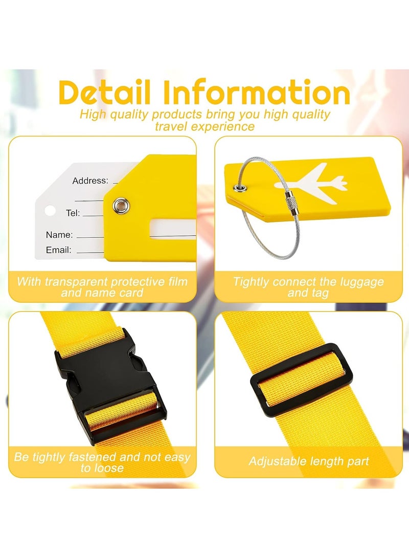 4 Piece Luggage Straps Suitcase Tags Set for TSA Approved, 2 Travel Adjustable Suitcase Belt, 2 Silicone Luggage Tags with Name ID Card Travel Accessories,Yellow - Image 3