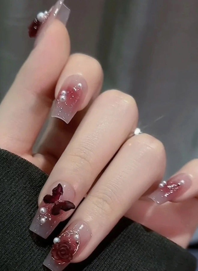 NIBEMINENT 24Pcs Fake Nails, Press Nails In Box,Mid-length Flat head shaped Solid Pink Color Shiny Nail Art,Oil painting style,Red Butterfly Flower Rose Pearl,Fake Nail Patch - Image 1