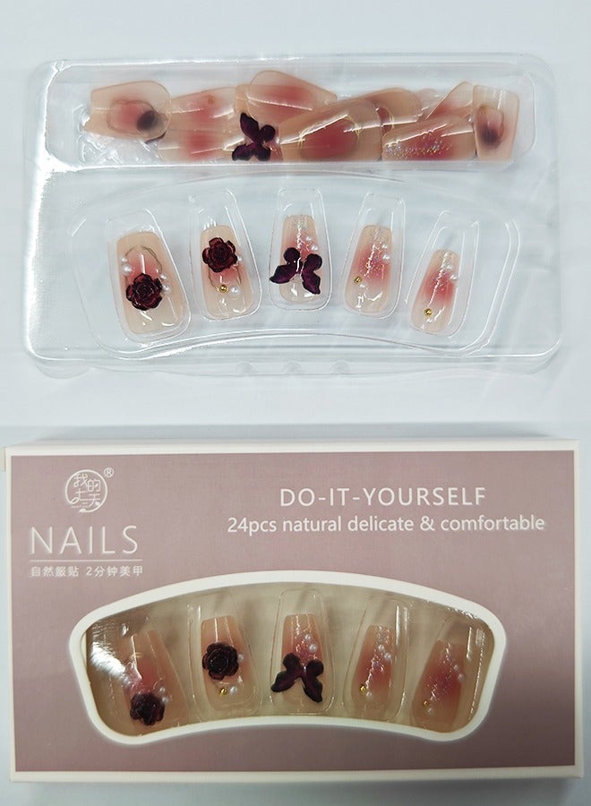 NIBEMINENT 24Pcs Fake Nails, Press Nails In Box,Mid-length Flat head shaped Solid Pink Color Shiny Nail Art,Oil painting style,Red Butterfly Flower Rose Pearl,Fake Nail Patch - Image 2
