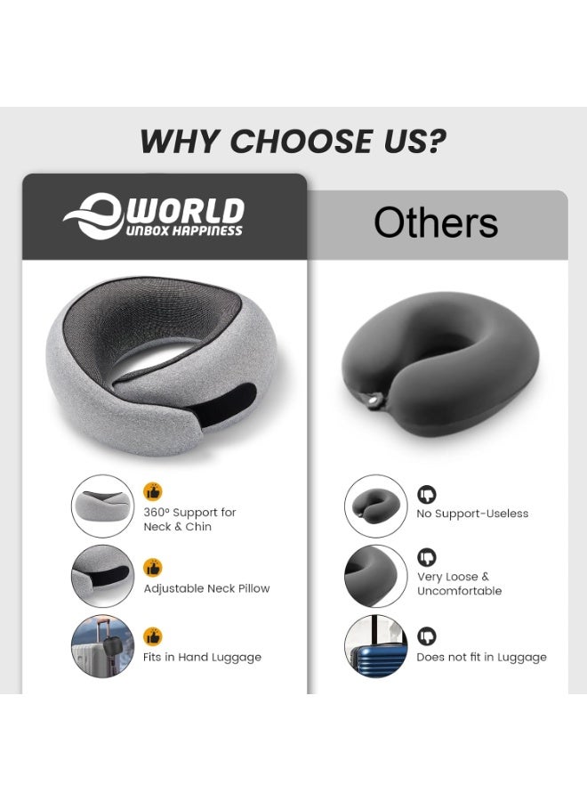 Eworld Memory Foam Travel Neck Pillow with Eye Mask & Ear Plugs – Ergonomic Cushion for Airplane, Car & Train Journeys, Grey - Image 4