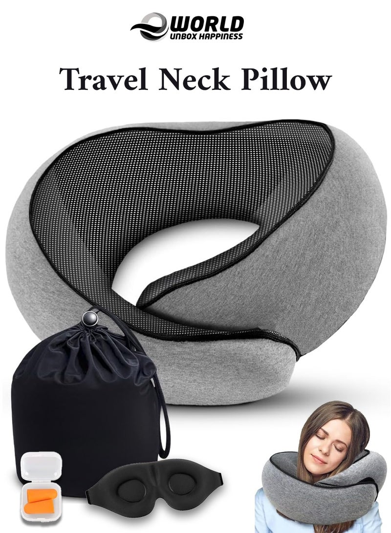 Eworld Memory Foam Travel Neck Pillow with Eye Mask & Ear Plugs – Ergonomic Cushion for Airplane, Car & Train Journeys, Grey - Image 1
