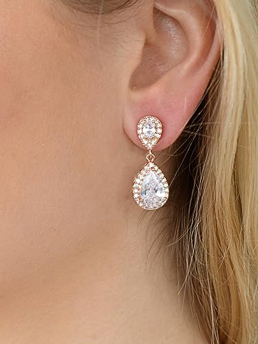 Mariell Rose Gold Cubic Zirconia Crystal Teardrop Dangle Bridal and Wedding Earrings, CZ Jewelry for Brides, Bridesmaids, Homecoming, Prom and Dressy Everyday Wear - Image 4