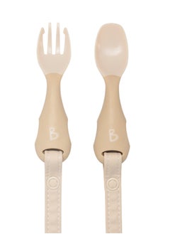 Handi Toddler Cutlery Set, Food Safe Baby Cutlery, Toddler Fork And Spoon Set, Toddler Eating Utensils For Babies 6 Months And Up, Also Attaches To Coverall Bib - Fawn