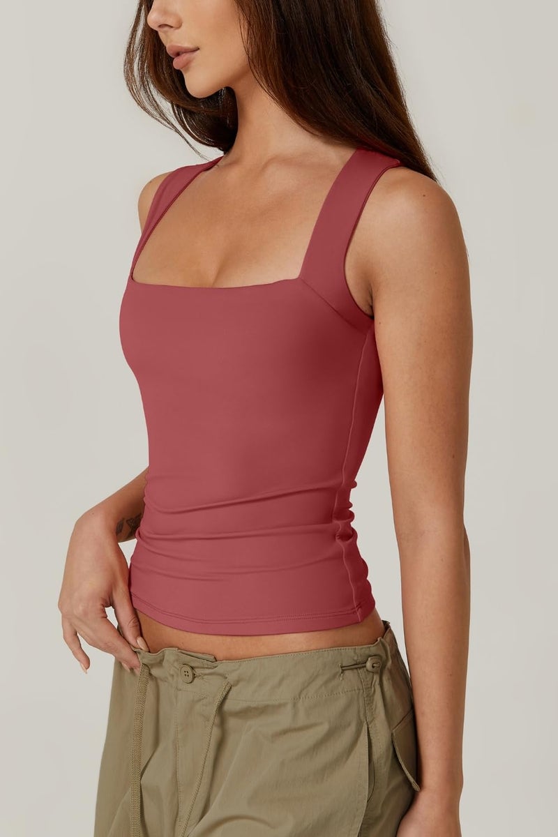 QINSEN Women's Square Neck Sleeveless Double-Layer Tank Tops Basic Tight T Shirts Wine S - Image 2