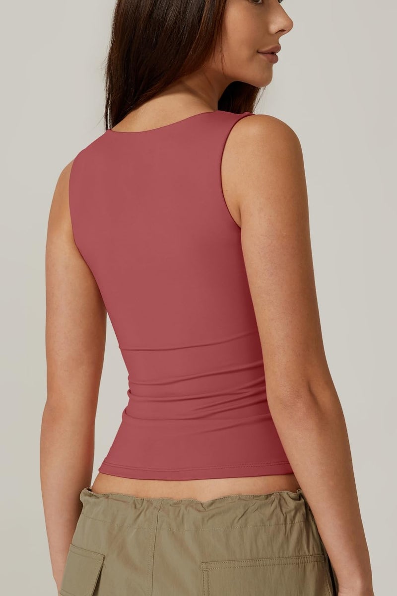 QINSEN Women's Square Neck Sleeveless Double-Layer Tank Tops Basic Tight T Shirts Wine S - Image 4