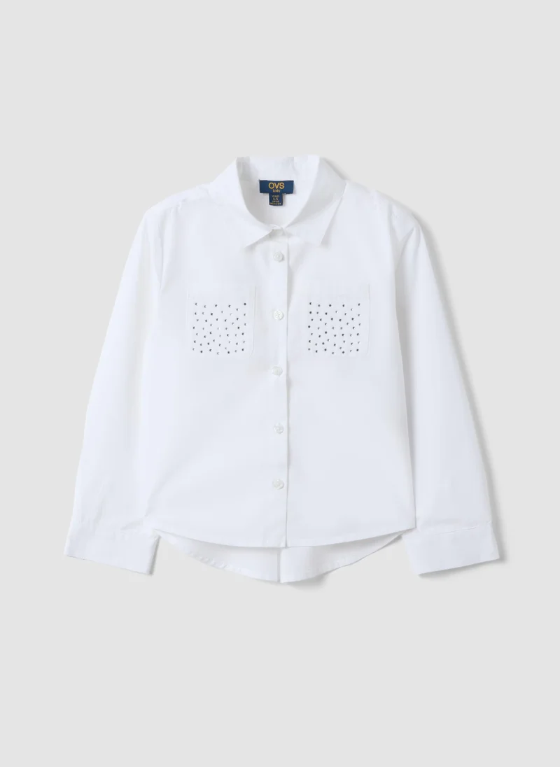 او في اس OVS White pure cotton shirt with rhinestones, regular fit, for girls