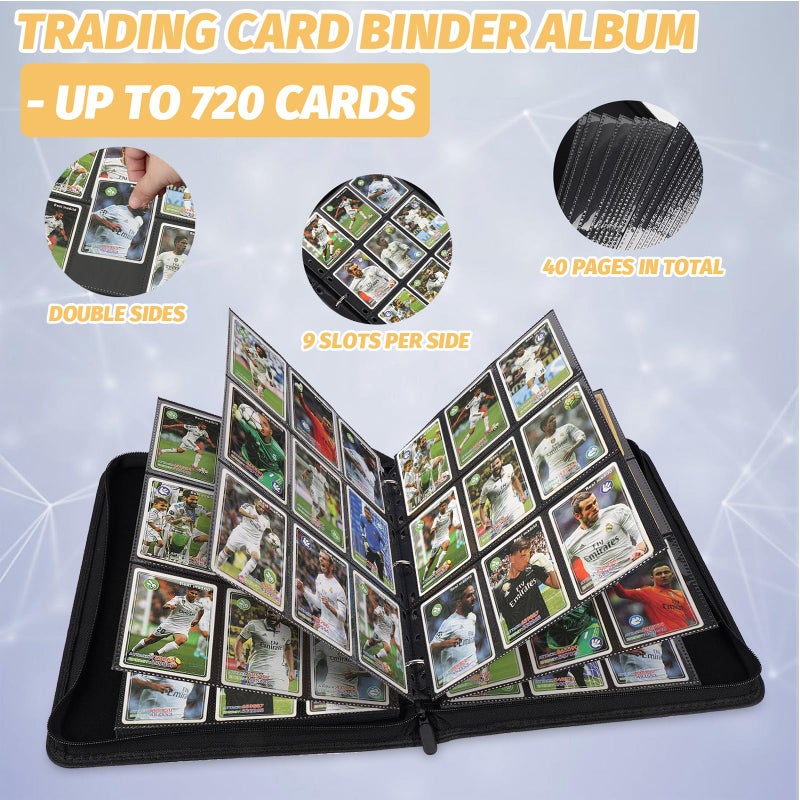 GERMUN 9 Pocket Card Binder, Premium Zip Trading Card Binder, 720 Double Sided Pocket PU Card Collection Binder, Collector Card Album, Card Folder for MTG, TCG, Sports Cards, Game Cards (Black1) - Image 5