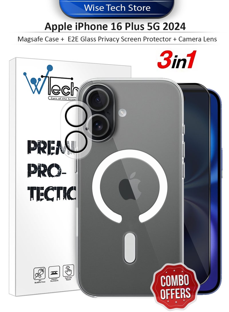 دبليو تيك حزمة حماية 3 في 1 لهاتف آيفون 16 بلس 5G 2024 من آبل، غطاء شفاف مقاوم للصدمات مع دعم Magsafe، واقي شاشة زجاجي للخصوصية E2E وواقي عدسة الكاميرا لحماية 360، سهل التركيب - شفاف/أسود - Image 1