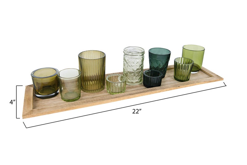 Creative Co-Op Wood Tray with 9 Green Glass Votive Holders - Image 2