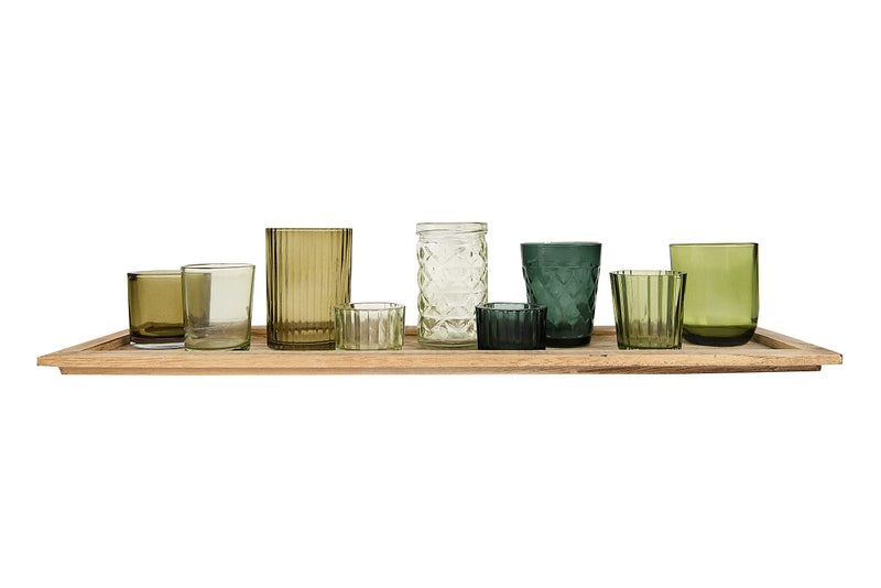 Creative Co-Op Wood Tray with 9 Green Glass Votive Holders - Image 1