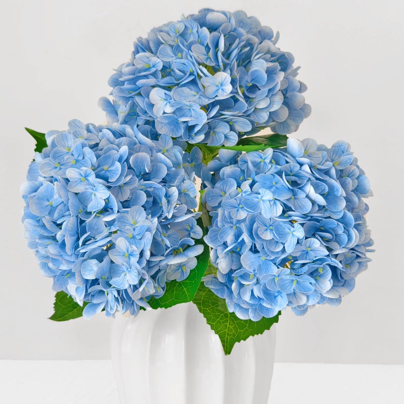 Real Touch Blue Hydrangea Artificial Flowers with Stems Fake Silk Flowers for Outdoors 3 Pcs Artificial Flowers for Home Decor Wedding Bouquets Centerpieces Vase