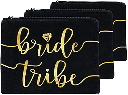 Bachelorette to Bride 3pc Bride Tribe Makeup Bags - Bridesmaid Favor for Bachelorette Party, Bridal Shower, Wedding. Also great as Toiletry Bag, Wedding Survival Kit, Hangover Kit, Keepsake (3pc Pack, Black & Gold) - Image 3
