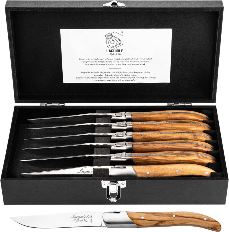 Laguiole Style de Vie Steak Knives Luxury Line 6 pieces Olive Wood in giftbox