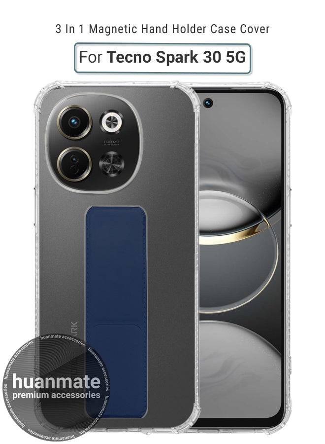 huanmate Tecno Spark 30 5G Magnetic Case With Hand Grip Holder & Kickstand - Strong Grip for Magnetic Car Holder, Stylish & Functional, Ultimate Convenience & Hands-Free Viewing - Clear/Navy Blue - Image 1
