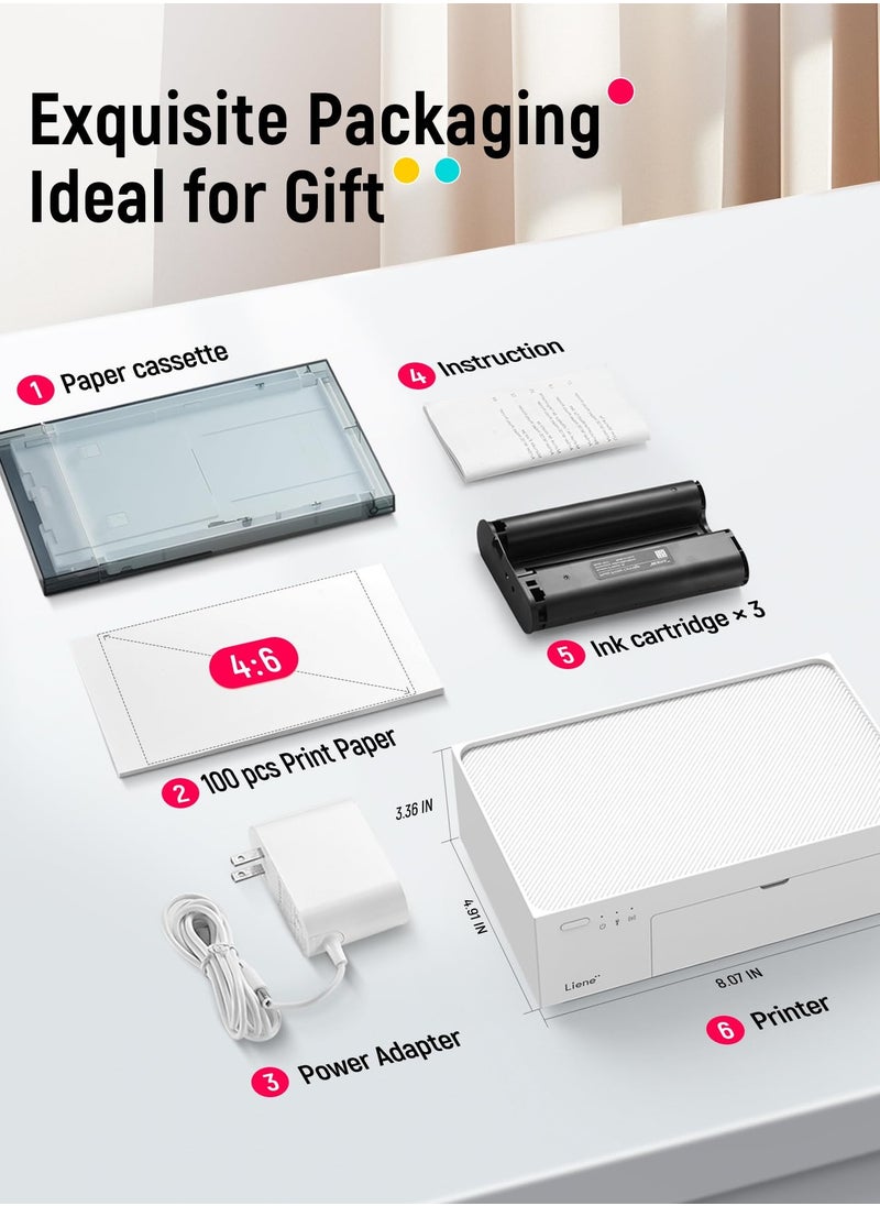 Liene 4x6 Photo Printer, Photo Printer (100 Sheets), Full-Color Photo, Portable Instant Photo Printer for iPhone, Thermal Dye Sublimation, Wi-Fi Picture Printer w/ 100 Sheets Paper & 3 Cartridges