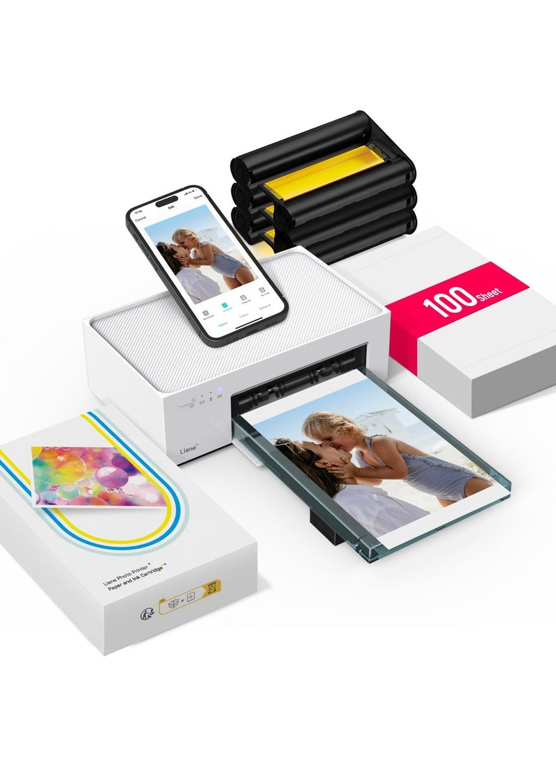 ليين طابعة صور Liene مقاس 4x6 بوصة، طابعة للهواتف مع 100 ورقة و3 خراطيش، طابعة صور ملونة كاملة، طابعة صور محمولة وفورية لهواتف iPhone وAndroid، طابعة حرارية بالتسامي اللوني، طابعة صور لاسلكية مع 100 ورقة - Image 1