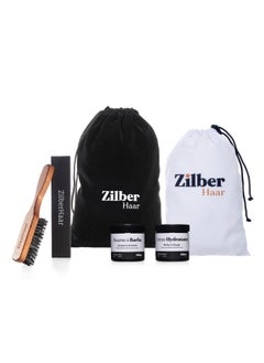 ZilberHaar ZilberHaar - Beard Care Kit for Men - 1 Regular Beard Brush + 1 Beard Balm + 1 Moisturizing Cream + 1 Beard Bib - Stiff Boar Bristles and Beech Wood - Supplied in a Velvet Bag  - Image 1