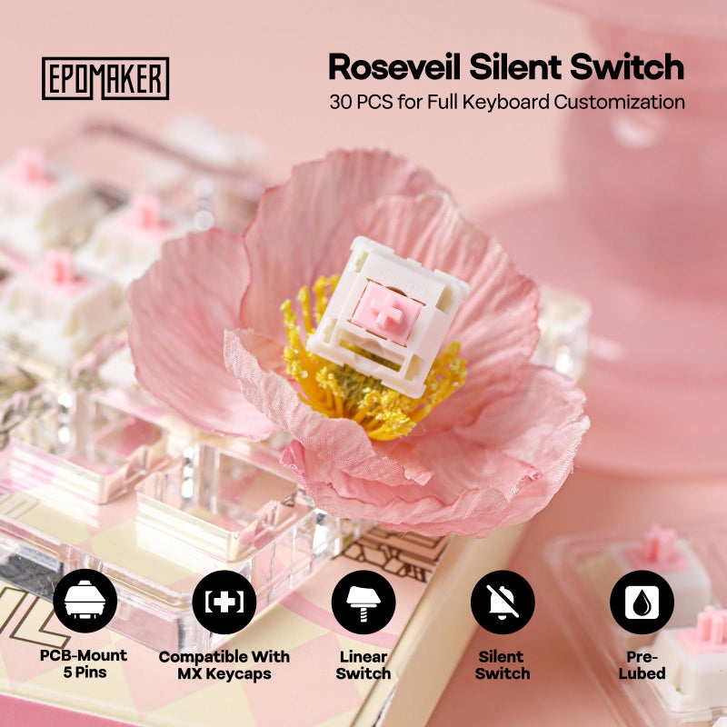 EPOMAKER Roseveil Silent Keyboard Switch for Mechanical Gaming Keyboard, 30PCS, 5-pin, 32gf, Pre-Lubed, Linear Silent, PC Case, LY Stem, Compatible with MX Keycaps (Roseveil Silent) - Image 2