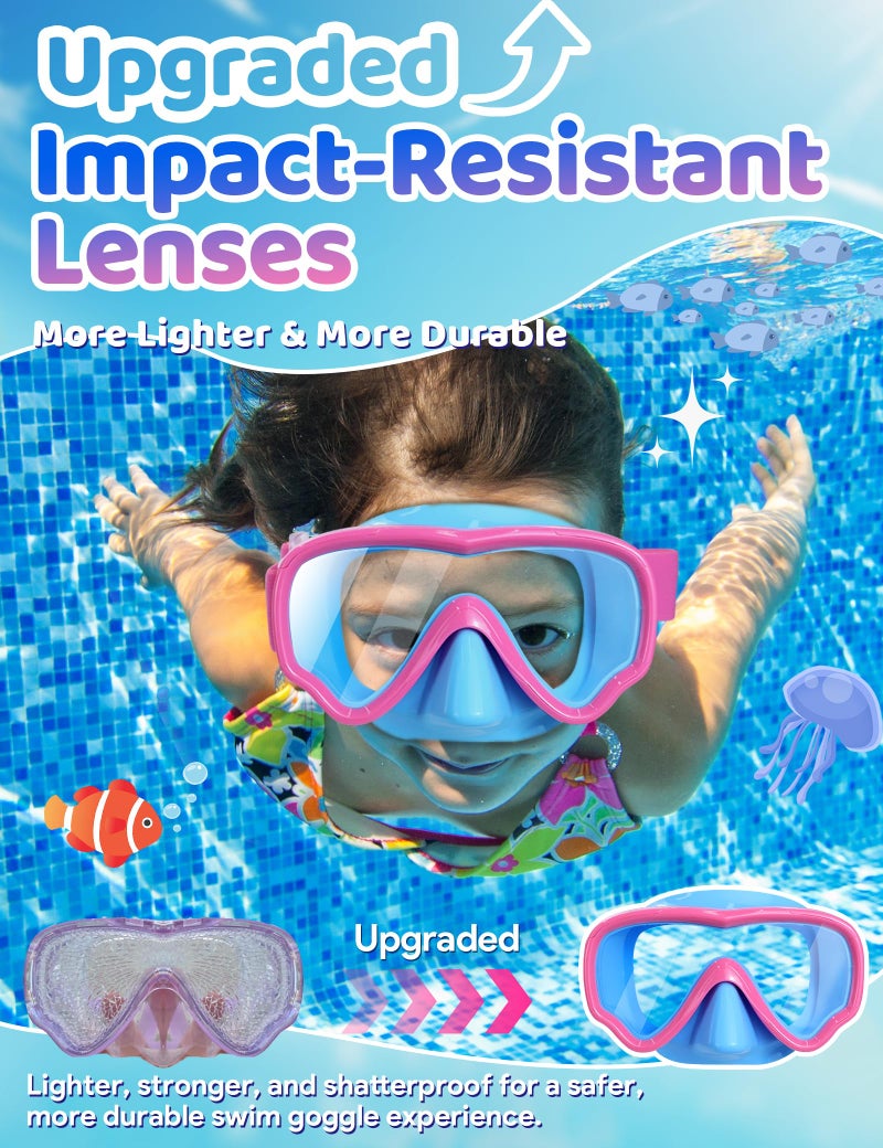 Vvinca 2 Pack Kids Swim Goggles with Nose Cover, Snorkel Diving Mask Fabric Strap Anti Fog Anti Shattered Lens Goggles for Kids 3-15 - Image 3