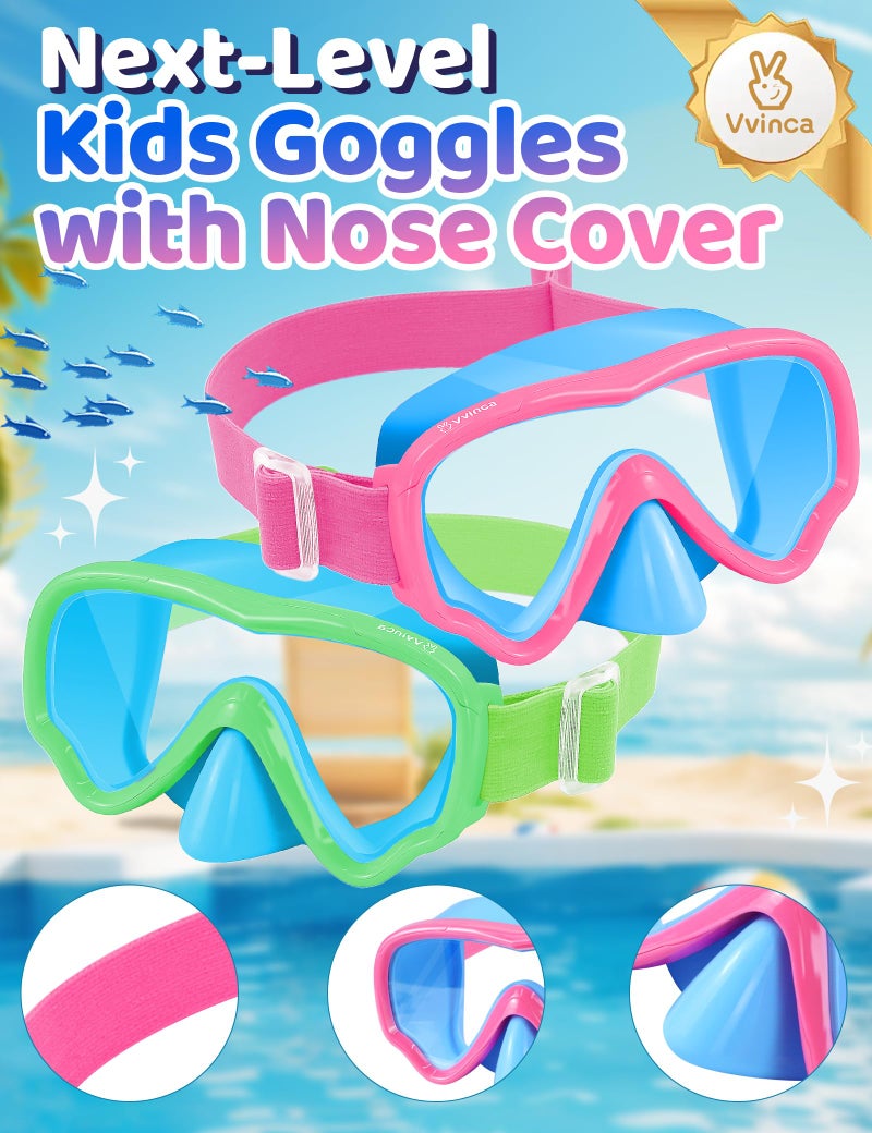 Vvinca 2 Pack Kids Swim Goggles with Nose Cover, Snorkel Diving Mask Fabric Strap Anti Fog Anti Shattered Lens Goggles for Kids 3-15 - Image 2