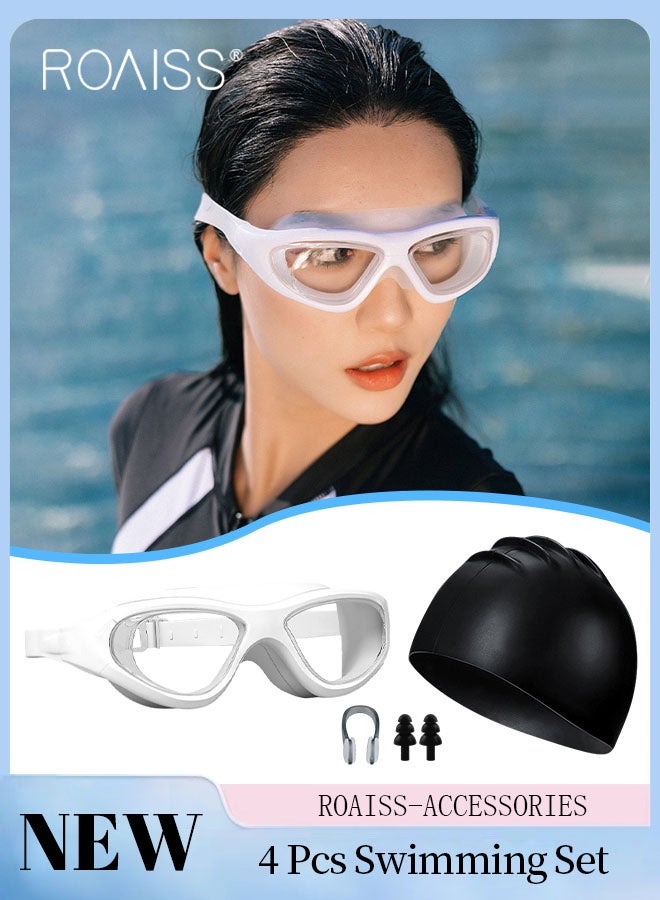 roaiss 4 Pcs Adult Swim Goggles Set, High-definition Waterproof and Anti-fog Swimming Goggle, Pool and Beach Swimming Equipment including Goggle, Swimming Cap, Nose Clip, Earplugs  - Image 1