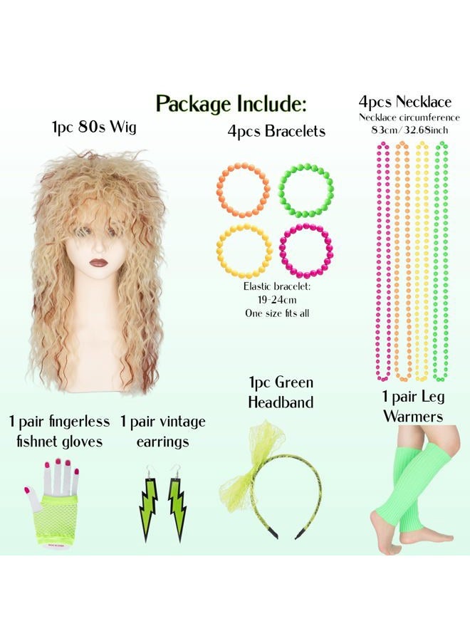 miss u hair Miss U Hair Blonde 80s Wigs for Women Glam Rocker Wig Long Spiky Cosplay Halloween Hair Green Earrings Leg Warmers Headband Necklace Bracelets - Image 2