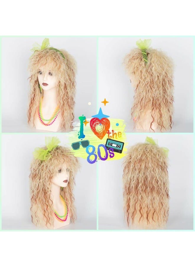miss u hair Miss U Hair Blonde 80s Wigs for Women Glam Rocker Wig Long Spiky Cosplay Halloween Hair Green Earrings Leg Warmers Headband Necklace Bracelets - Image 5