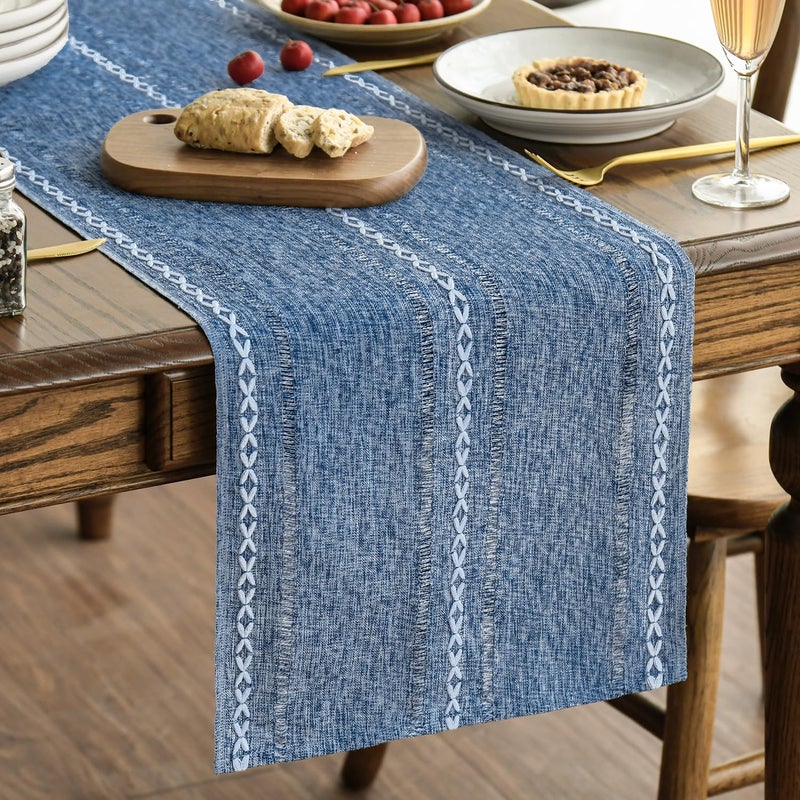Artoid Mode Blue Rustic Cotton Linen Table Runner Seasonal Embroidered Hollow Kitchen Dining Table Decoration for Home Party Decor 13x72 Inch
