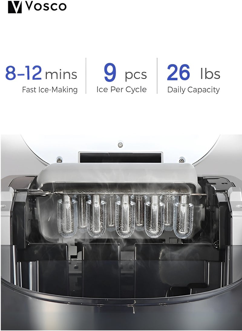 Vosco Ice Maker Countertop Red – 12Kg/24H, 9 Ice Cubes in 6 Mins, 2 Ice Sizes, Compact & Portable Ice Machine for Home, Office, Kitchen