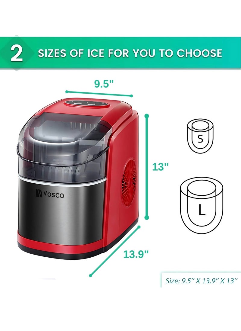 Vosco Ice Maker Countertop Red – 12Kg/24H, 9 Ice Cubes in 6 Mins, 2 Ice Sizes, Compact & Portable Ice Machine for Home, Office, Kitchen