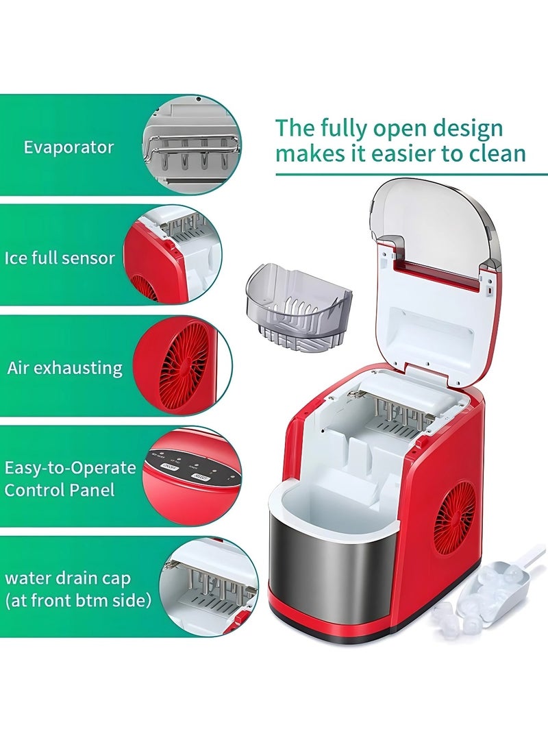 Vosco Ice Maker Countertop Red – 12Kg/24H, 9 Ice Cubes in 6 Mins, 2 Ice Sizes, Compact & Portable Ice Machine for Home, Office, Kitchen
