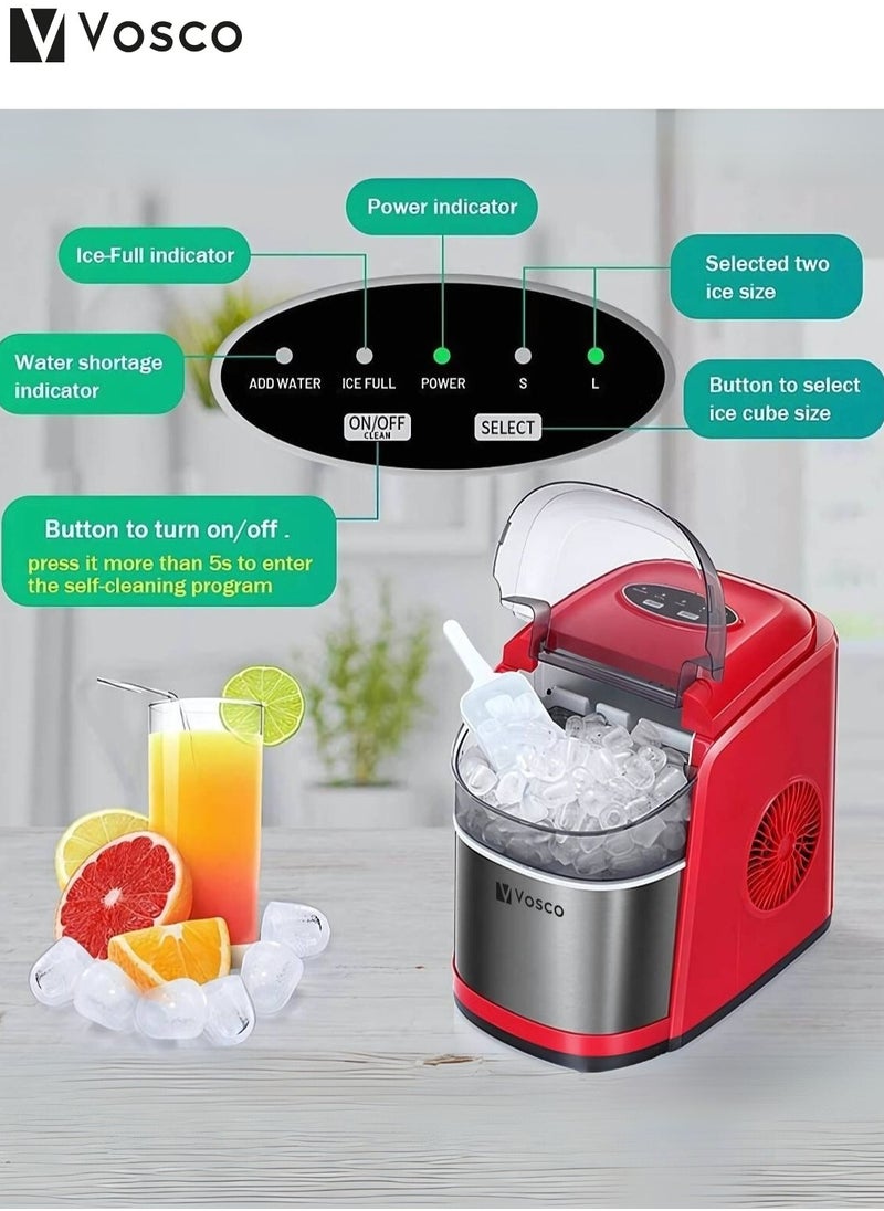 Vosco Ice Maker Countertop Red – 12Kg/24H, 9 Ice Cubes in 6 Mins, 2 Ice Sizes, Compact & Portable Ice Machine for Home, Office, Kitchen