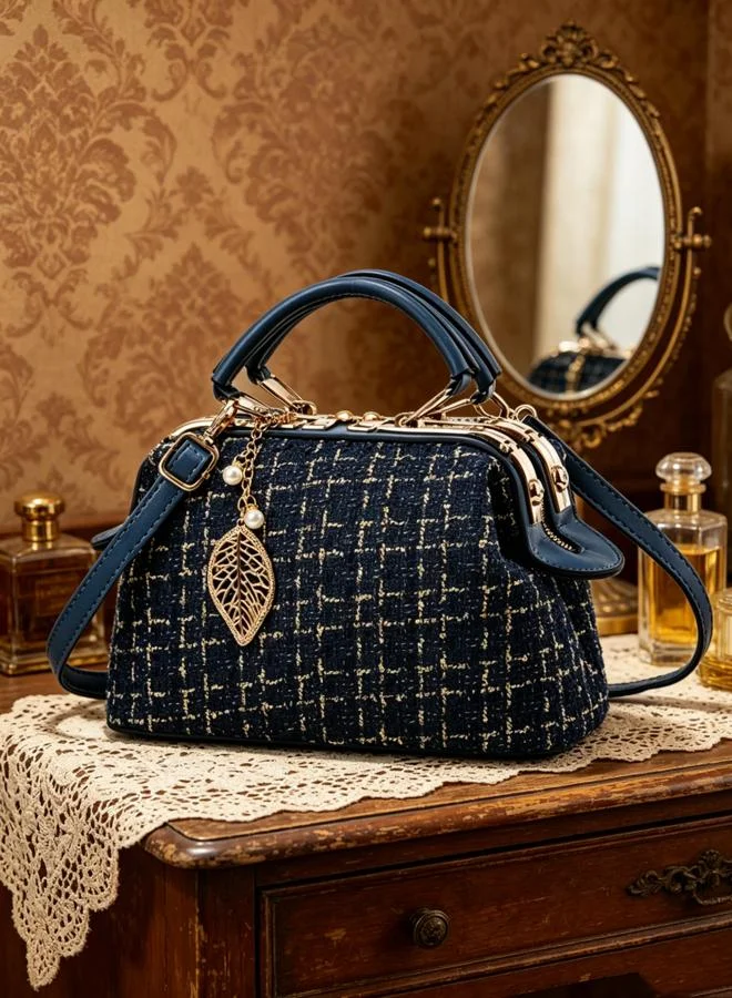 Take Two Dark Blue Tweed Shoulder Bag with Leaf Charm