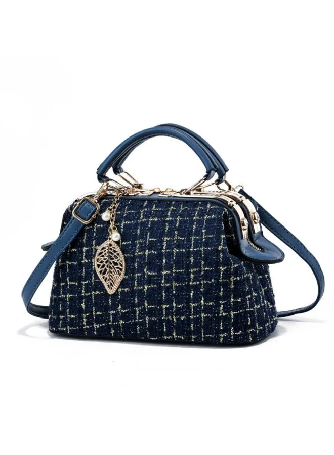 Take Two Dark Blue Tweed Shoulder Bag with Leaf Charm