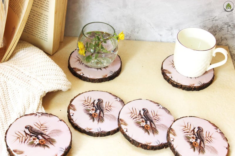 Monstera Hut Monstera Hut Set of 6 Premium Mango Wood Printed Coasters Tea Coasters for Coffee Tea Dining Table Wooden Coaster Set Tea Coasters Chai CoastersRound Coasters - Image 5