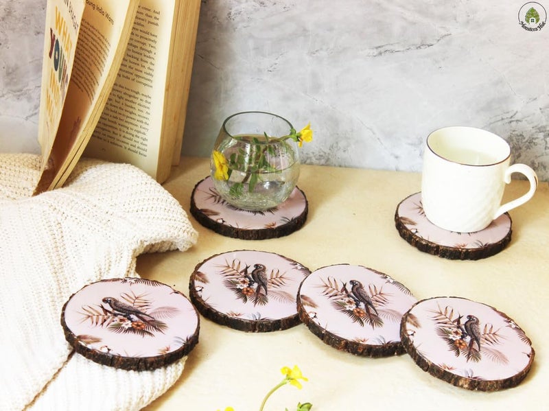 Monstera Hut Monstera Hut Set of 6 Premium Mango Wood Printed Coasters Tea Coasters for Coffee Tea Dining Table Wooden Coaster Set Tea Coasters Chai CoastersRound Coasters - Image 3