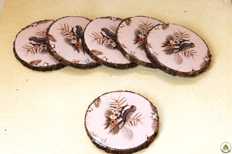 Monstera Hut Monstera Hut Set of 6 Premium Mango Wood Printed Coasters Tea Coasters for Coffee Tea Dining Table Wooden Coaster Set Tea Coasters Chai CoastersRound Coasters - Image 1