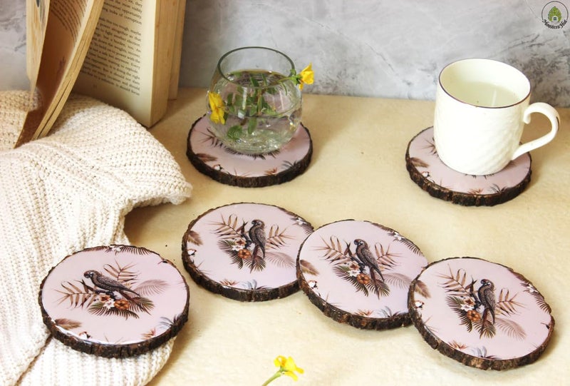 Monstera Hut Monstera Hut Set of 6 Premium Mango Wood Printed Coasters Tea Coasters for Coffee Tea Dining Table Wooden Coaster Set Tea Coasters Chai CoastersRound Coasters - Image 2