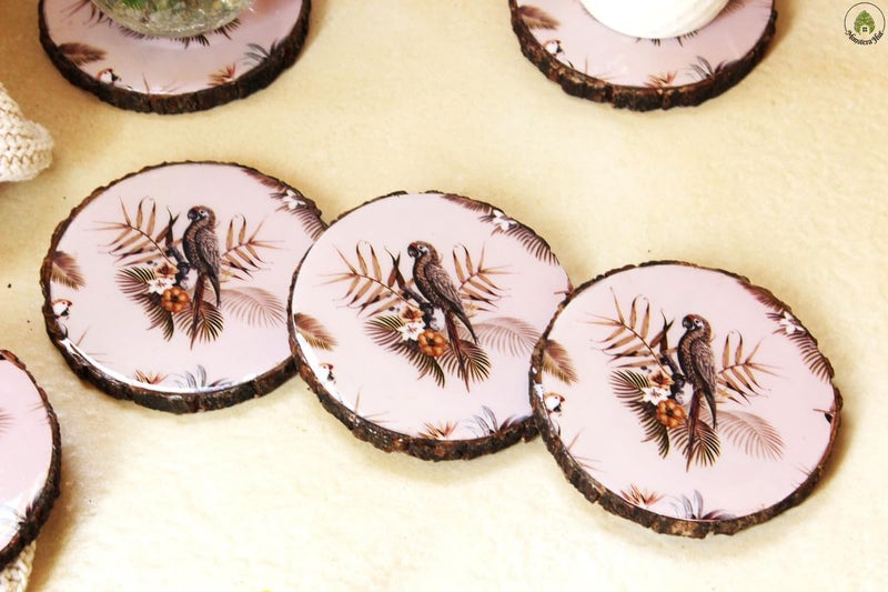 Monstera Hut Monstera Hut Set of 6 Premium Mango Wood Printed Coasters Tea Coasters for Coffee Tea Dining Table Wooden Coaster Set Tea Coasters Chai CoastersRound Coasters - Image 4