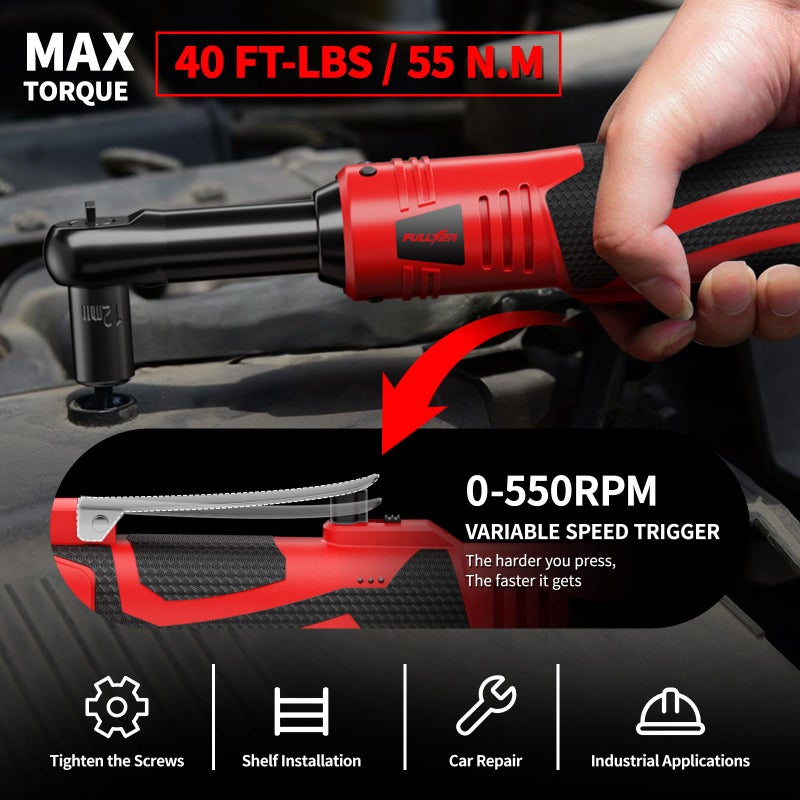 FULLYEA Electric Ratchet Wrench Set, 550 RPM Cordless Ratchet Wrench, 3/8" 18V Power Ratchet Tools with Variable Speed, LED Light, 7 Sockets, 2 Packs 2.0Ah Lithium-Ion Battery and Fast Charger - Image 4