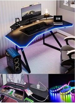 160cm Wing-Shaped Gaming Computer Desk with Power Outlet and Smart LED Light and Monitor Stand Computer Gamer Workstation Carbon Fiber Table Top for Home Office Gaming Room Live Streamer