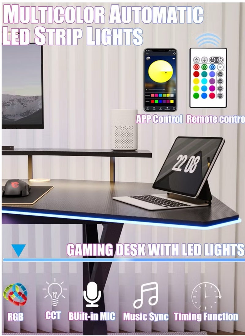Generic - 160cm Wing-Shaped Gaming Computer Desk with Power Outlet and Smart LED Light and Monitor Stand Computer Gamer Workstation Carbon Fiber Table Top for Home Office Gaming Room Live Streamer - Image 1