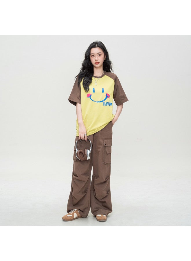 Hstyle Drop Shoulder Color Block Design Korean Loose Short Sleeve T-shirt Slimming Smiley Print Casual College Style Women's Top - Image 5