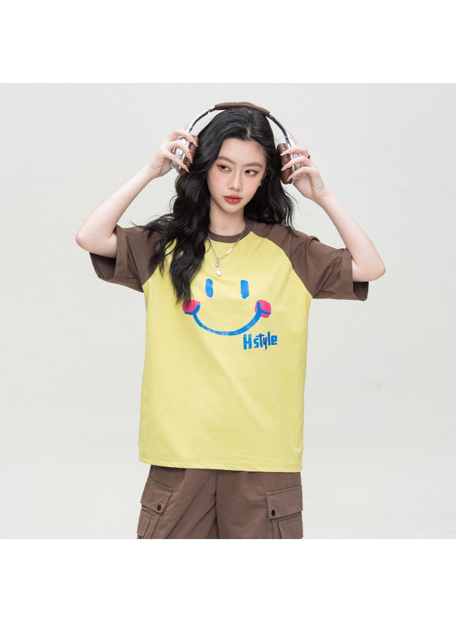 Hstyle Drop Shoulder Color Block Design Korean Loose Short Sleeve T-shirt Slimming Smiley Print Casual College Style Women's Top - Image 4
