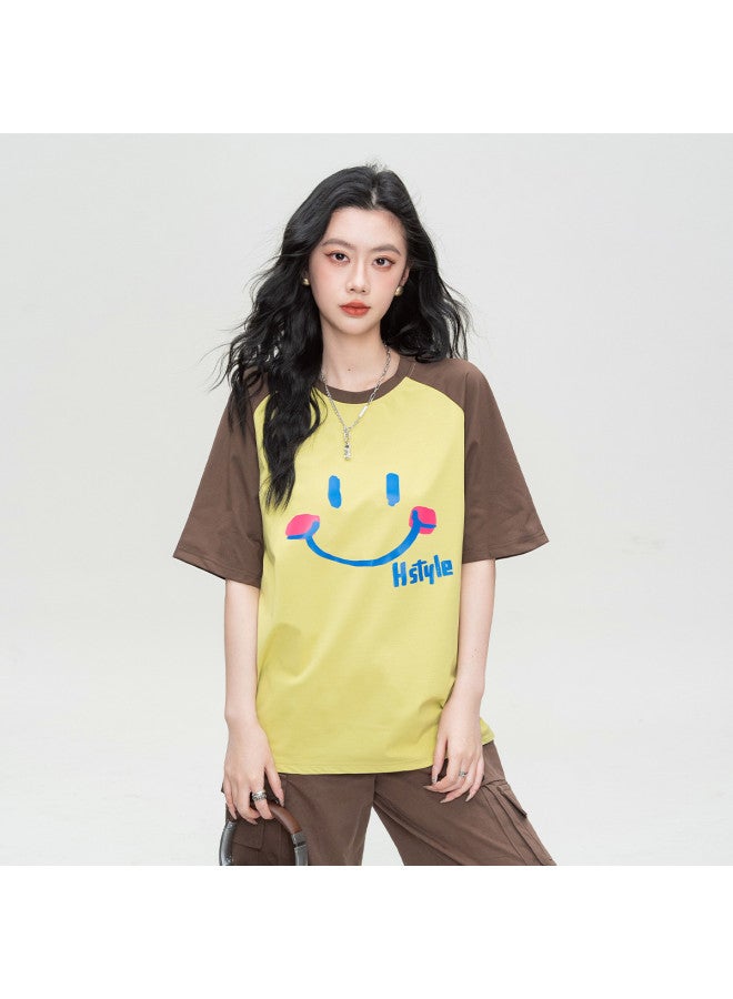 Hstyle Drop Shoulder Color Block Design Korean Loose Short Sleeve T-shirt Slimming Smiley Print Casual College Style Women's Top - Image 2