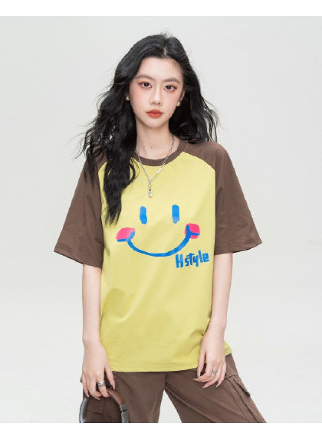 Hstyle Drop Shoulder Color Block Design Korean Loose Short Sleeve T-shirt Slimming Smiley Print Casual College Style Women's Top - Image 1
